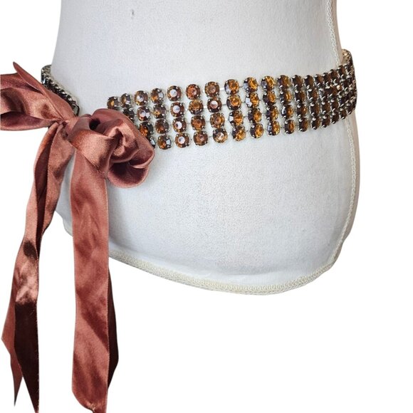 Y2K Retro Brown Rhinestone Waist Belt Multi-row Satin Tie‎ Bow Sz L XL 1X 2X - Picture 8 of 12